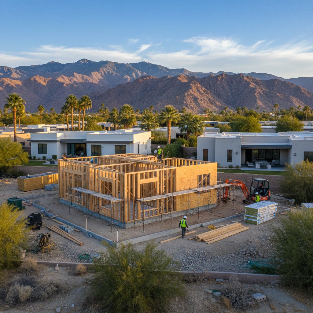 Modern detached ADU construction in Palm Desert showing framing and foundation work