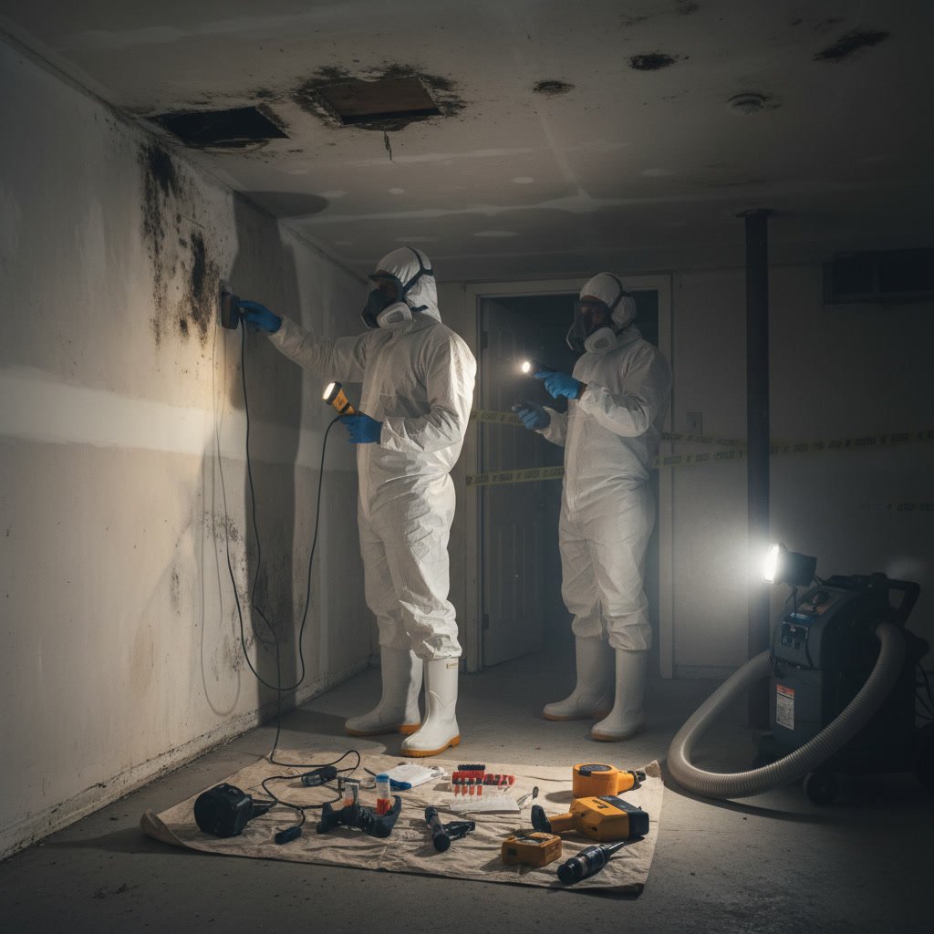 Professional inspector using moisture meter during mold inspection