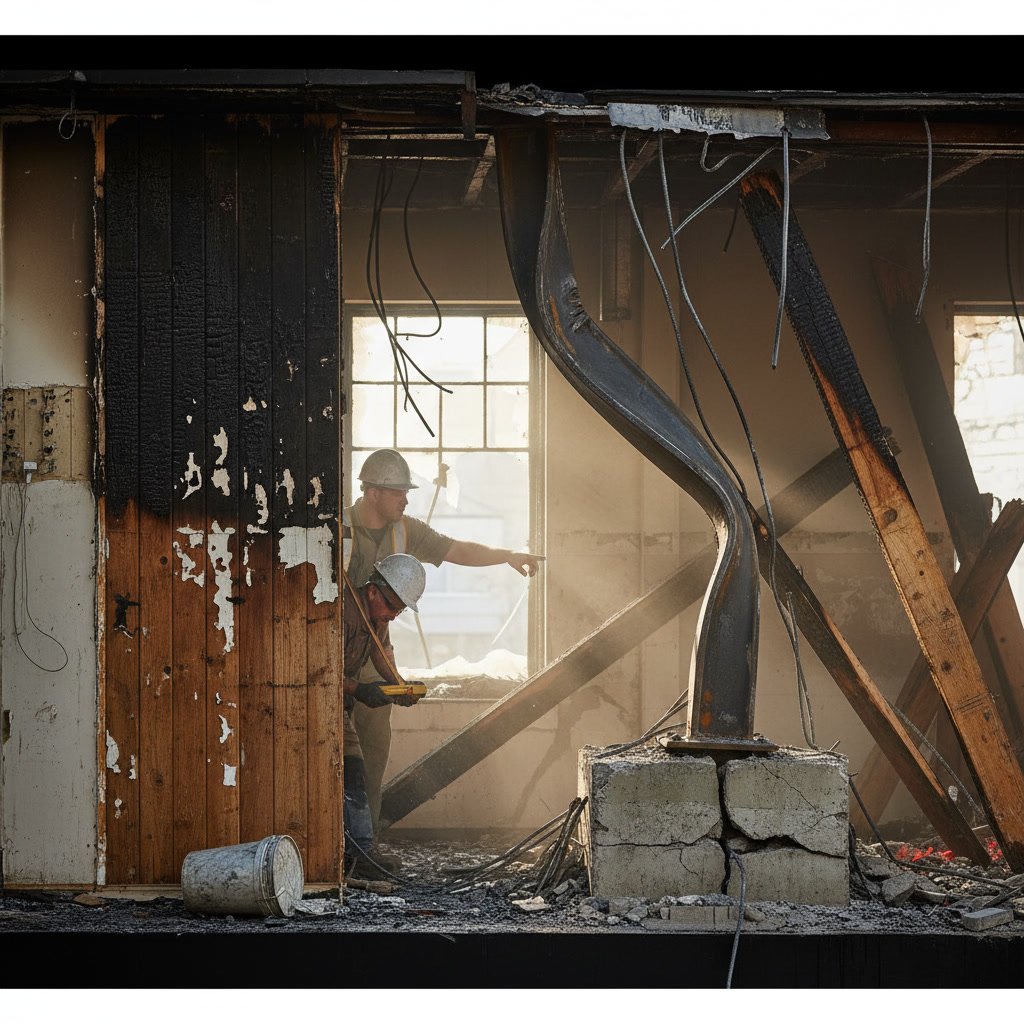 Fire damaged wall showing both surface soot and exposed structural framing requiring repair