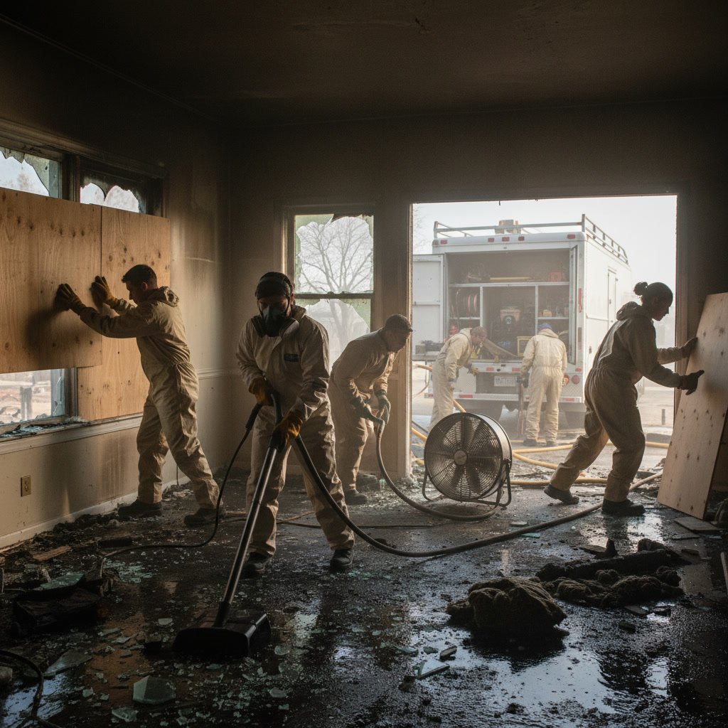 Fire damage assessment professional examining structural damage in desert home