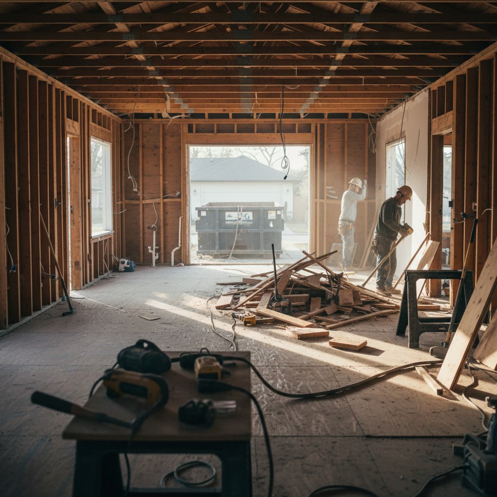 Empty room interior during complete gut out remodel showing exposed studs and subfloor