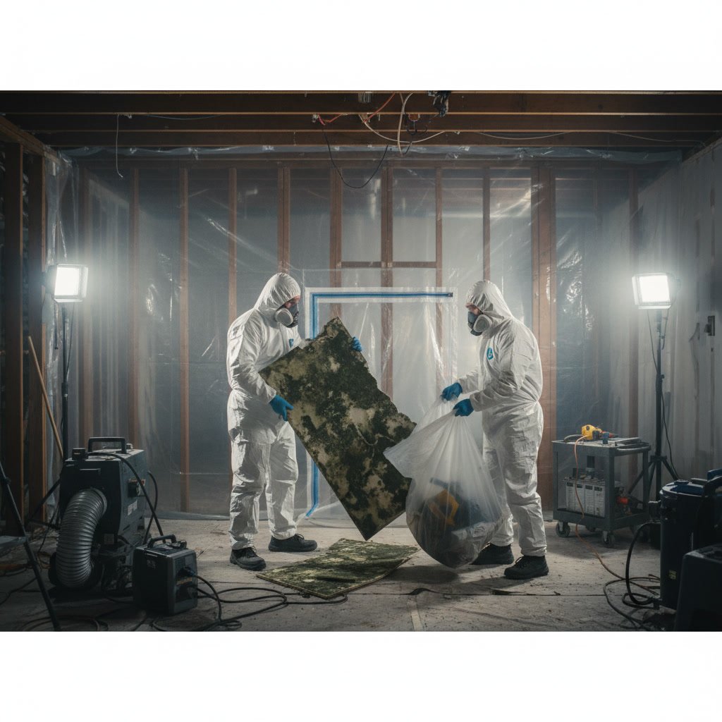 Contaminated drywall removal during professional mold remediation