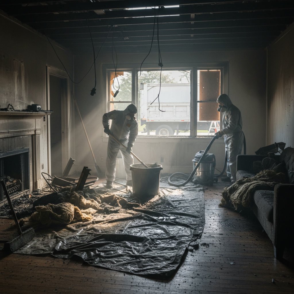 Professional cleaning fire soot from walls during restoration process