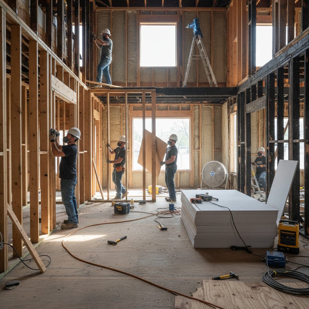 Reconstruction work showing new framing after fire damage restoration