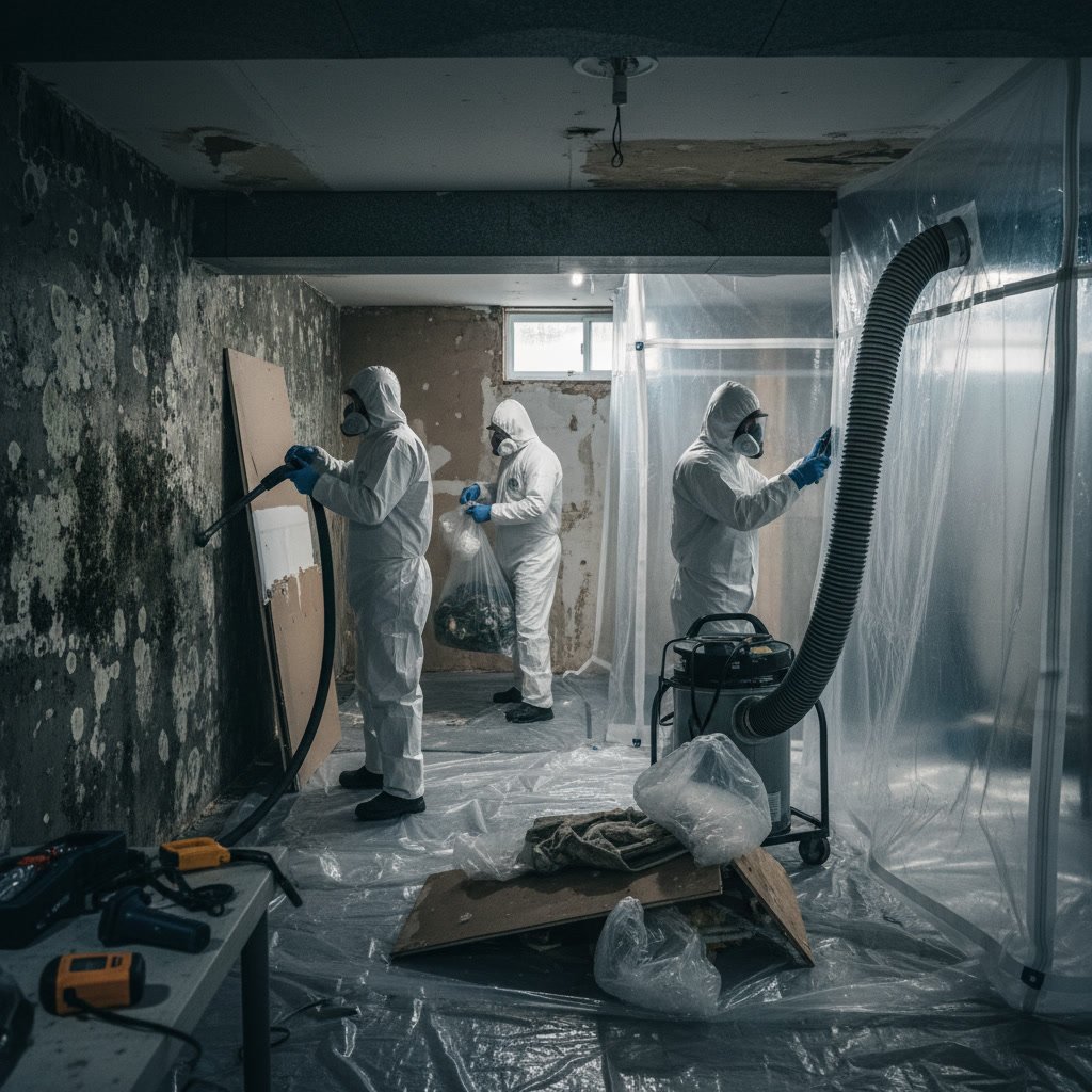 Professional mold remediation containment setup with plastic barriers and HEPA filtration equipment