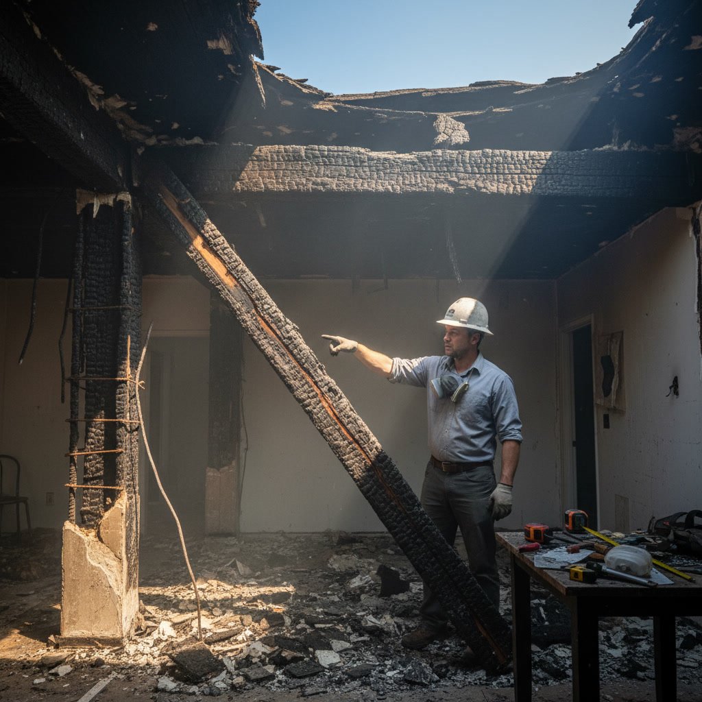 Fire damaged home exterior with visible structural damage requiring professional repair assessment