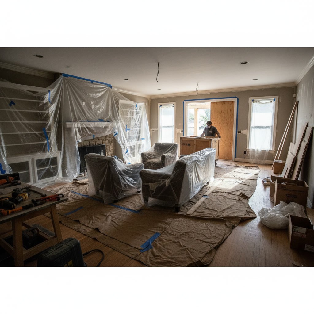 Professional contractor planning complete gut out remodel renovation with homeowner